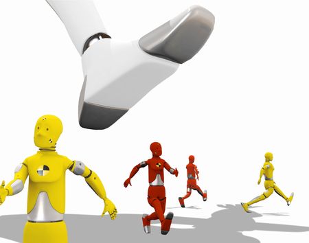 Crash test dummies running from a giant foot over a white backgroundの写真素材