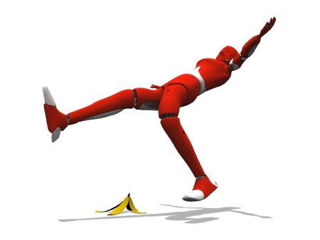 Crash test dummy slipping with a banana over a white background