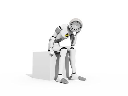 Crash test dummie with a clock head waiting in a seat over a white backgroundの写真素材