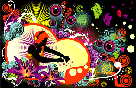 vector illustration of colorful flowers with dark background and ladyのイラスト素材