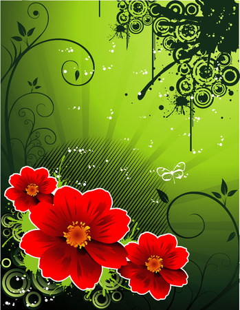vector illustration of red flowers with green backgroundのイラスト素材