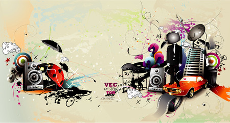 vector composition of fantasy shapes and city backgroundのイラスト素材