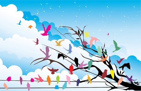 birds and city vectorのイラスト素材