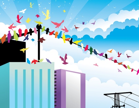 birds and city vectorのイラスト素材