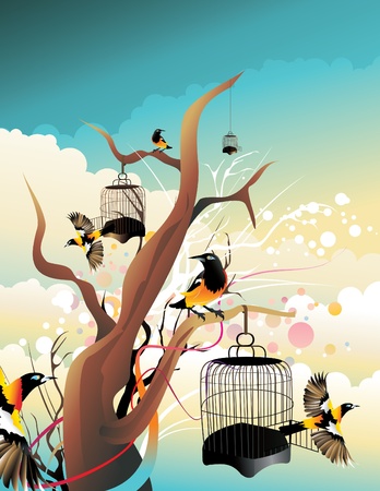 birds flying away from their cagesのイラスト素材