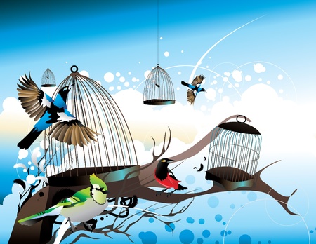 birds flying away from their cagesのイラスト素材