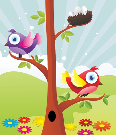 birds in a tree vector illustrationのイラスト素材