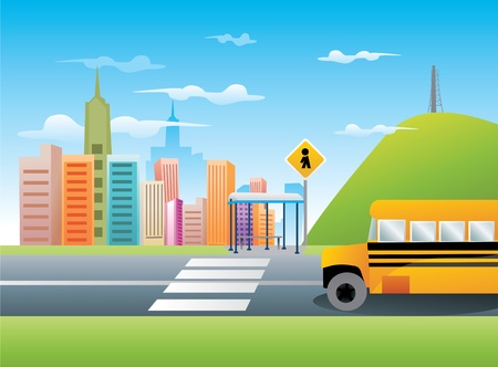 school bus in the city vectorのイラスト素材