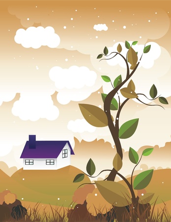leaves with a house in the landscape behind vectorのイラスト素材