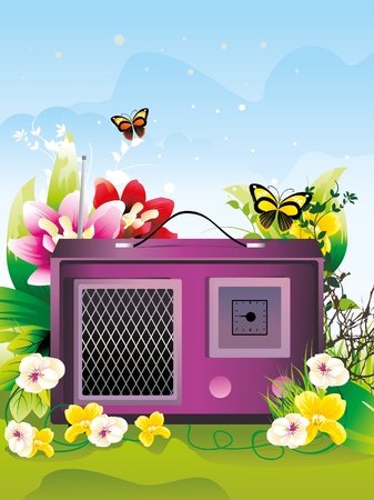 retro radio surrounded by flowers vector illustrationのイラスト素材