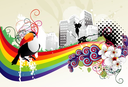 city and bird abstract color vectorのイラスト素材