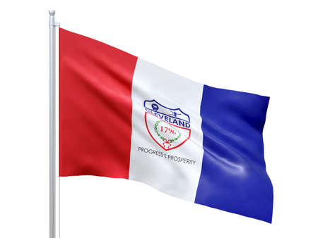Cleveland (city in Ohio state) flag waving on white background, close up, isolated. 3D renderの写真素材