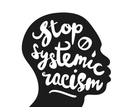 Stop systemic racism. Poster against the deaths of numerous other African Americans by police actions. Hand drawn calligraphic lettering in silhouette of abstract black man's head. Vintage graffiti.のイラスト素材