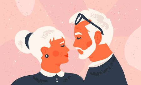 Old cute couple in love. Aged man and woman with gray hair. Senior adults. Husband and wife kissing and bonding each other. Happy marriage and family. Greeting card or poster for Valentine's Day.のイラスト素材