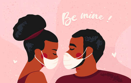African american black couple wear protective face mask.のイラスト素材