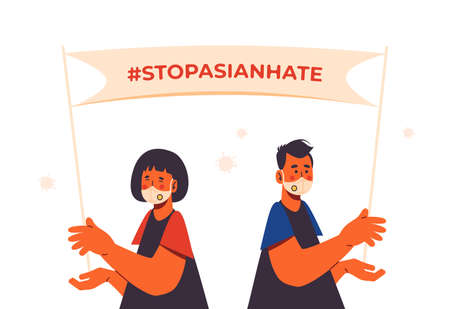 #StopAsianHate. Hashtag to support asian community during the pandemic. Stop racism. Man and woman wearing protective face mask and holding banner against bullying, hate and violence.のイラスト素材