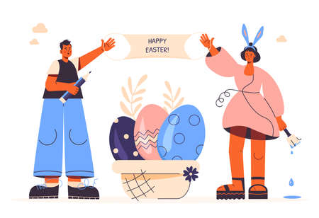 Happy Easter. Family couple paint and decorate giant basket with eggs. Woman wears bunny rabbit ears and hold Brush. Husband hold big pencil. Trendy style. Isolated on white. Spring Holidays together.のイラスト素材