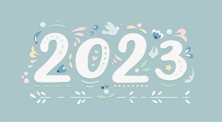 New Year 2023 floral numbers with dove of peace. Scandinavian color palette. Ethnic folk trendy greeting card.のイラスト素材