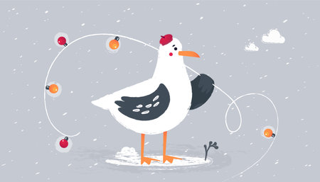 Seagull wish Happy New Year. Rainy weather and christmas lights. Bird wearing hat beret. season greeting card. Wet snowのイラスト素材