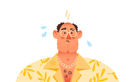 Elderly bald man with sunburn redness skin after tanning without spf sunscreen cream. sun protection concept. Hawaiian flower shirt. Cute flat vector. isolated.のイラスト素材