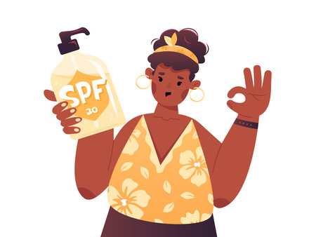 African american black woman with spf sunscreen lotion. Girl with dark skin applies sunblock. Cream protection from sun and uv. OK gesture. Hawaiian shirt. cute vector illustrationのイラスト素材