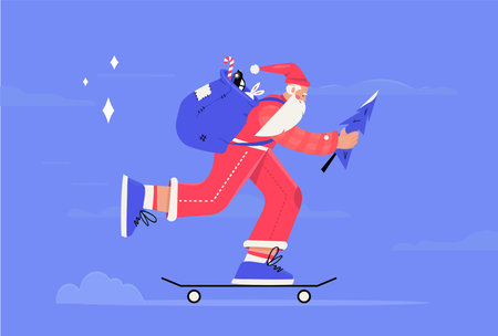 Modern fashion Santa Claus skateboarding and delivering gifts. Happy New Year 2024 and Merry Christmas. Wearing hipster plaid flannel shirt. Trendy flat style.のイラスト素材