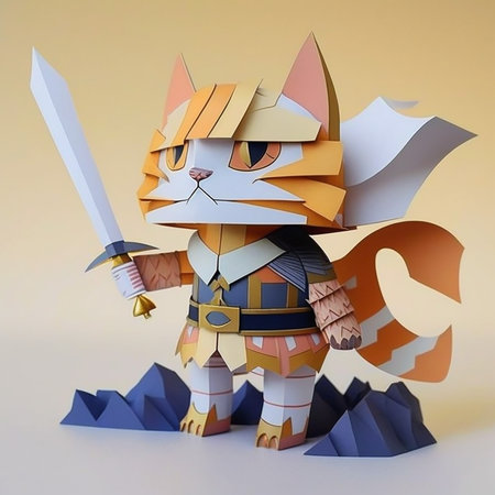 3d illustration of a cat in origami style with a swordの素材