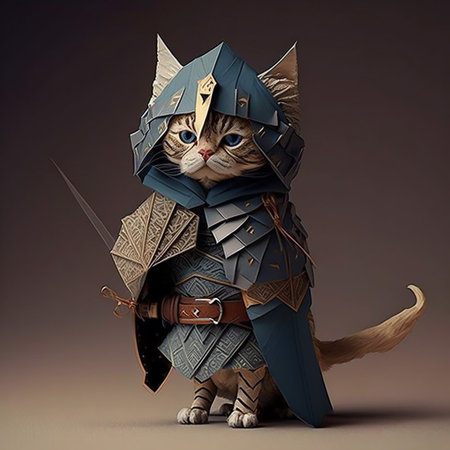 kitten in a medieval costume with a sword. 3d illustrationの素材