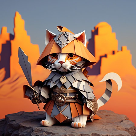 Cute cat in a helmet and armor. 3D illustration.の素材