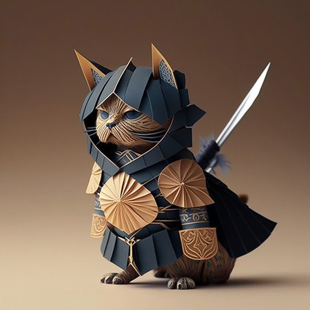 3d illustration of a cat in a kimono with a swordの素材