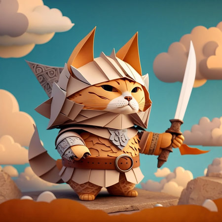 Cute cartoon fox warrior with a sword in his hand. 3d illustration.の素材