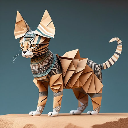 Origami cat in the desert. 3D illustration. Vintage style.の素材