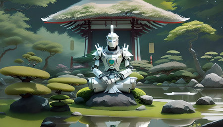 robot in japanese garden,3d render,illustrationの素材