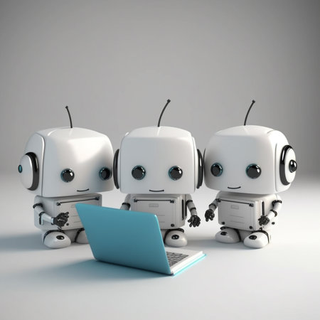 3D render of a group of robots working on a laptop computerの素材