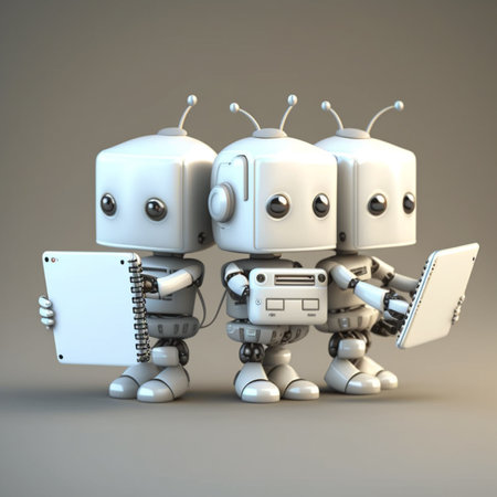 3D Render of a Robot with Laptops on a gray backgroundの素材