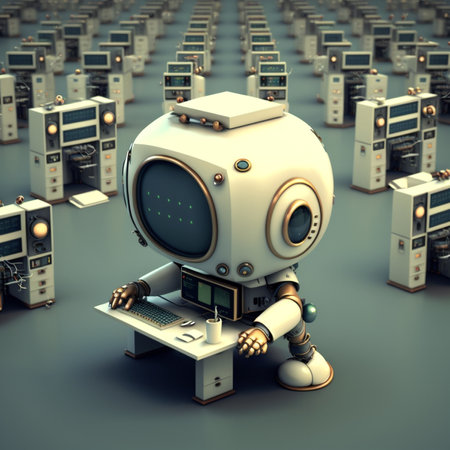 3D rendering of a robot working on a computer in a data centerの素材