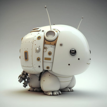 3d rendering of a cute robot on a gray background with shadowの素材