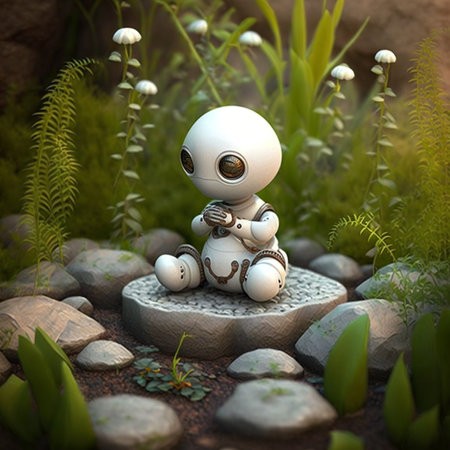 Robot sitting in meditation on stone in the zen garden. 3d illustration.の素材