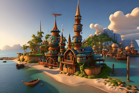 Fantasy Landscape with a mosque on the island. 3d renderingの素材