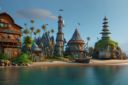 Tropical island with a pirate ship in the ocean - 3D renderの素材