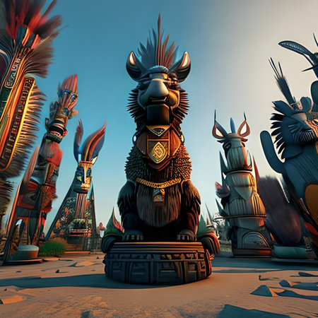 3D rendering of a lion in the background of the ancient cityの素材