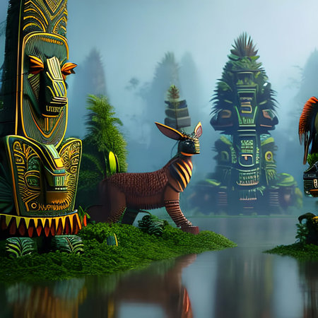 Totem Pole in the jungle - 3D render illustration.の素材