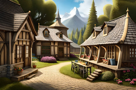 3D render of a fairy tale village in the mountains with wooden housesの素材