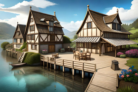 3D render of a beautiful house in the mountains. House on the water.の素材