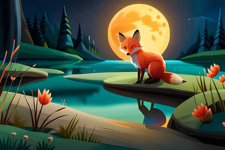 Night landscape with red fox on the river. Cartoon vector illustration.の素材