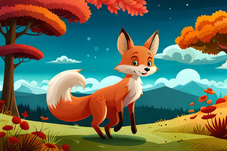 Vector illustration of Cute fox standing in the forest at autumn seasonの素材