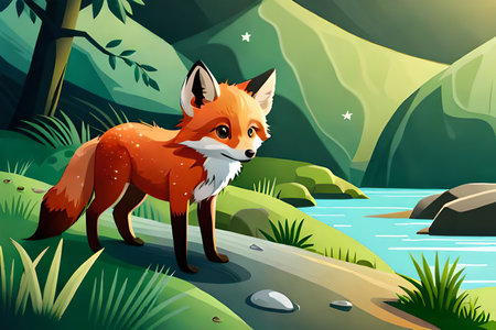 Red fox in the forest. Vector illustration of wild animal in cartoon style.の素材