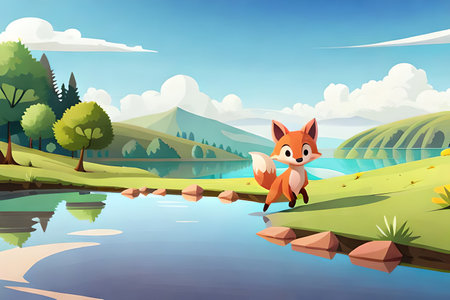 Vector illustration of cute fox in the forest on the river bank.の素材