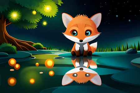 Vector illustration of Cute little fox in the forest at night backgroundの素材