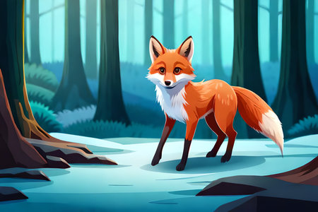 Red fox standing in the forest. Vector illustration of a wild animal.の素材